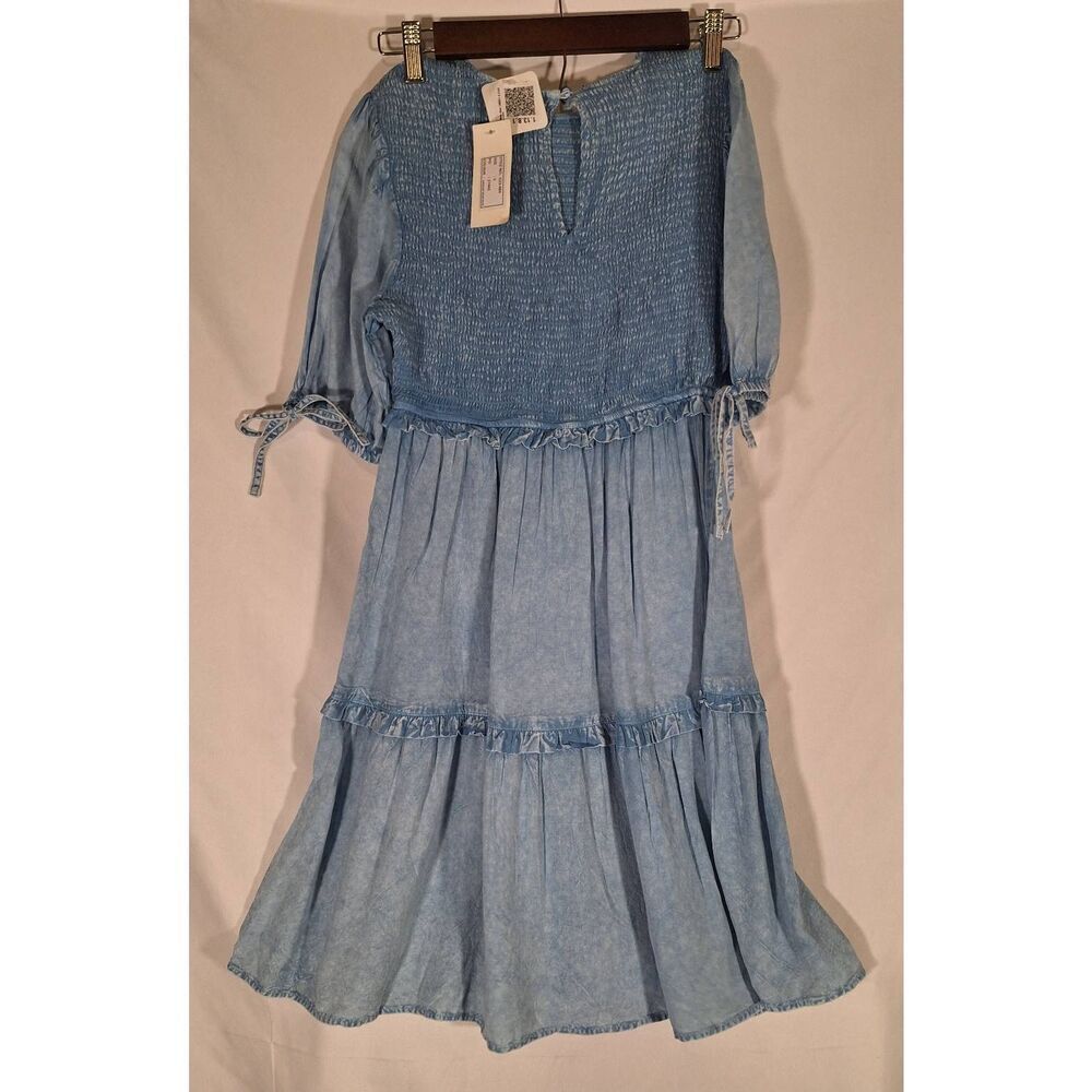 Teal Womens Chambray Rouched Top Dress Size Small NEW - Picture 2 of 4